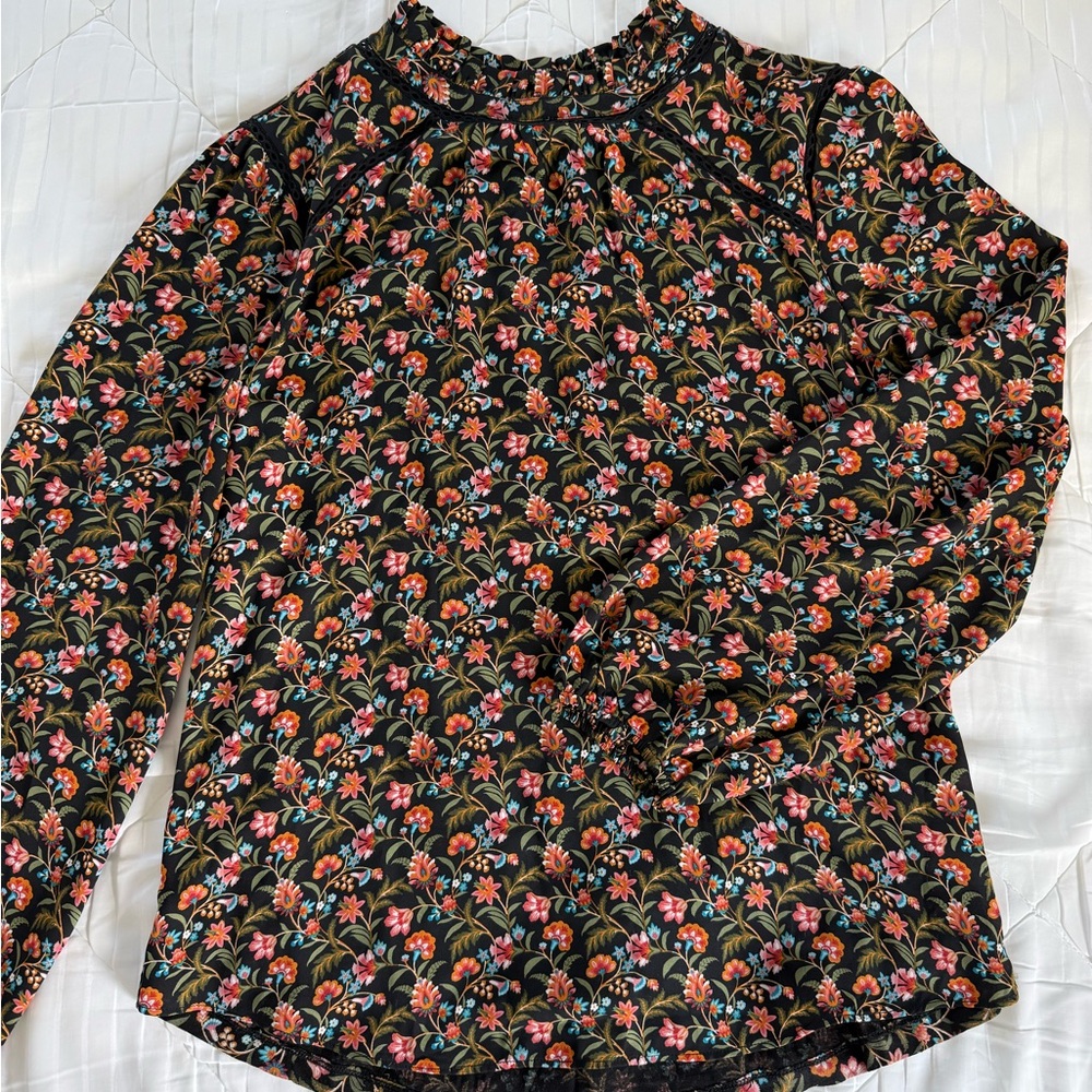 LOFT Black Floral Long Sleeve Blouse